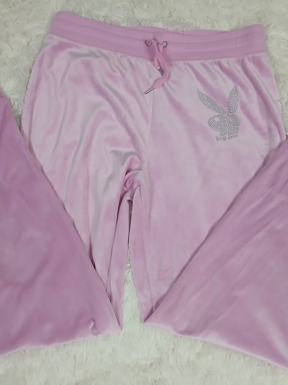 Women’s Pink Velour Lounge Pants with Bunny Crystal Accent